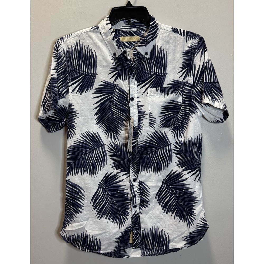 Nifty Genius‎ Men's Button Down Shirt Palm Leaf  Blue/White 100% Cotton